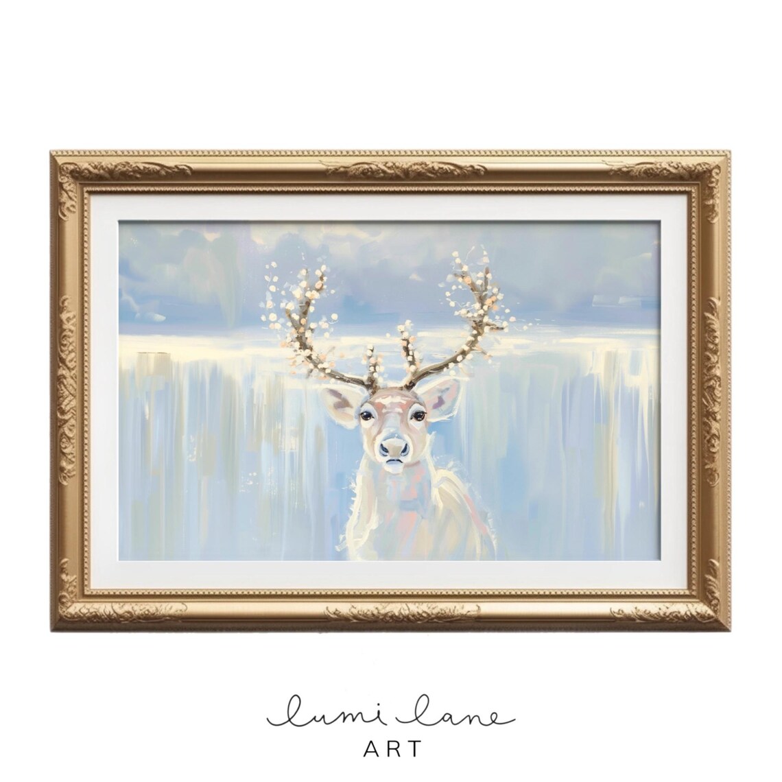 Ethereal White Deer With Blossom Antlers Icy Blue Winter Art Poster
