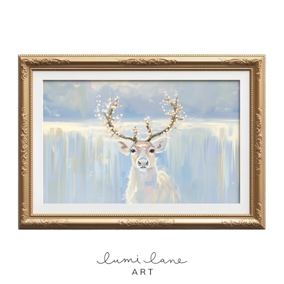 Ethereal White Deer With Blossom Antlers Icy Blue Winter Art Poster