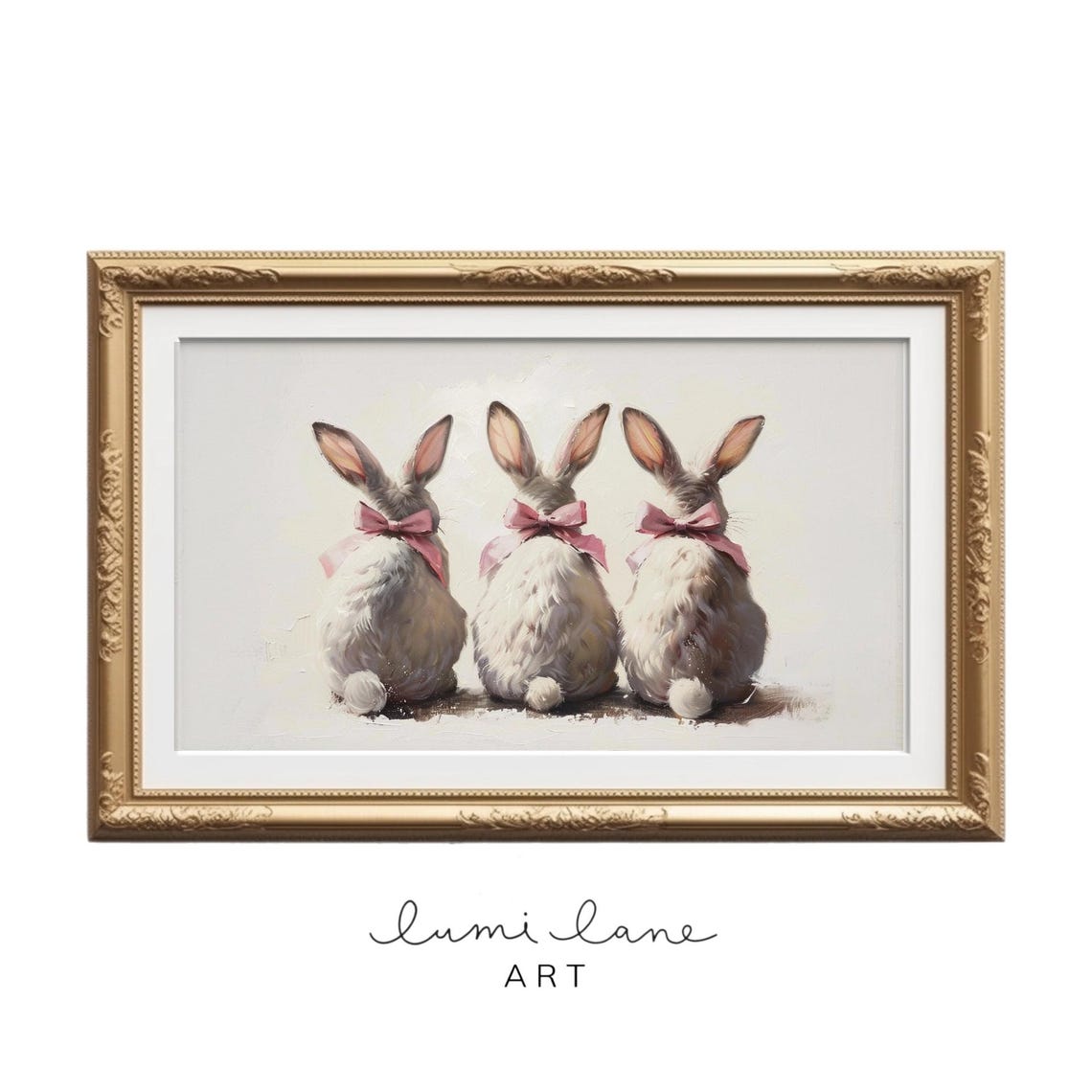 Bunnies And Bows Art Textured Oil Painting Print Pink Fluffy Bunny Tails Easter Cute Rabbits Frame Tv