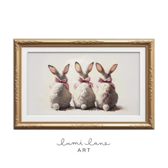 Bunnies And Bows Art Textured Oil Painting Print Pink Fluffy Bunny Tails Easter Cute Rabbits Frame Tv