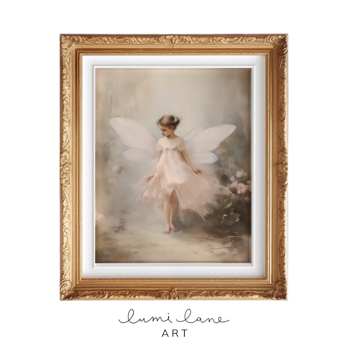Pink Fairy Girl Tulle Wings Whimsical Soft Nursery Art Poster