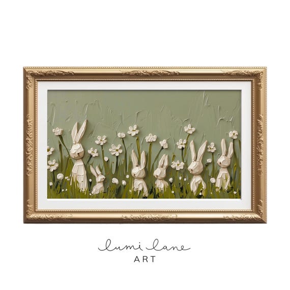 White Rabbits Art Thick Oil Painting Texture Bunnies In Spring Flowers Cute Rabbit Print Easter Frame Tv Neutral