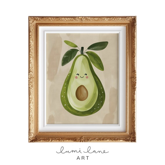 Cute Avocado Art Smiling Fruit Print Fun Food Wall Instant Avo Textured Painting Bon Appetit Adorable