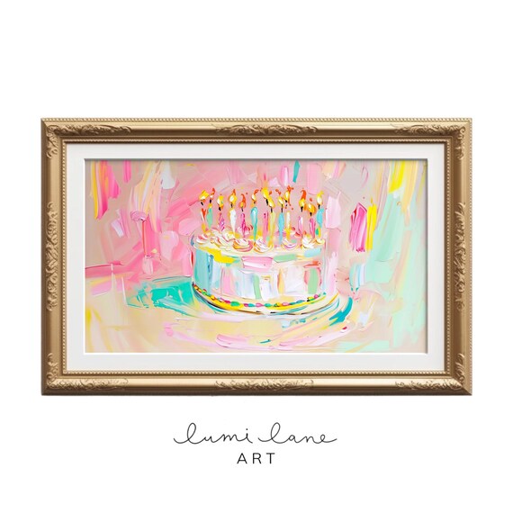 Pastel Birthday Cake with Candles Joyful Oil Painting Poster
