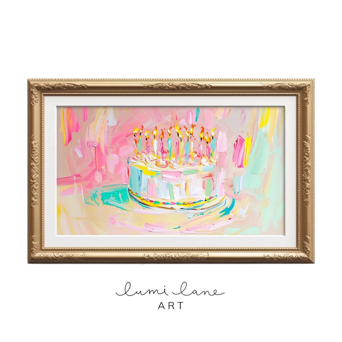 Pastel Birthday Cake with Candles Joyful Oil Painting Poster