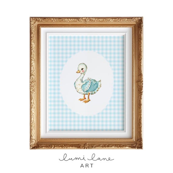 Gingham Goose Art Blue Pink Yellow And Green Nursery Wall Cute Vintage Style Adorable Kitsch Gosling Print