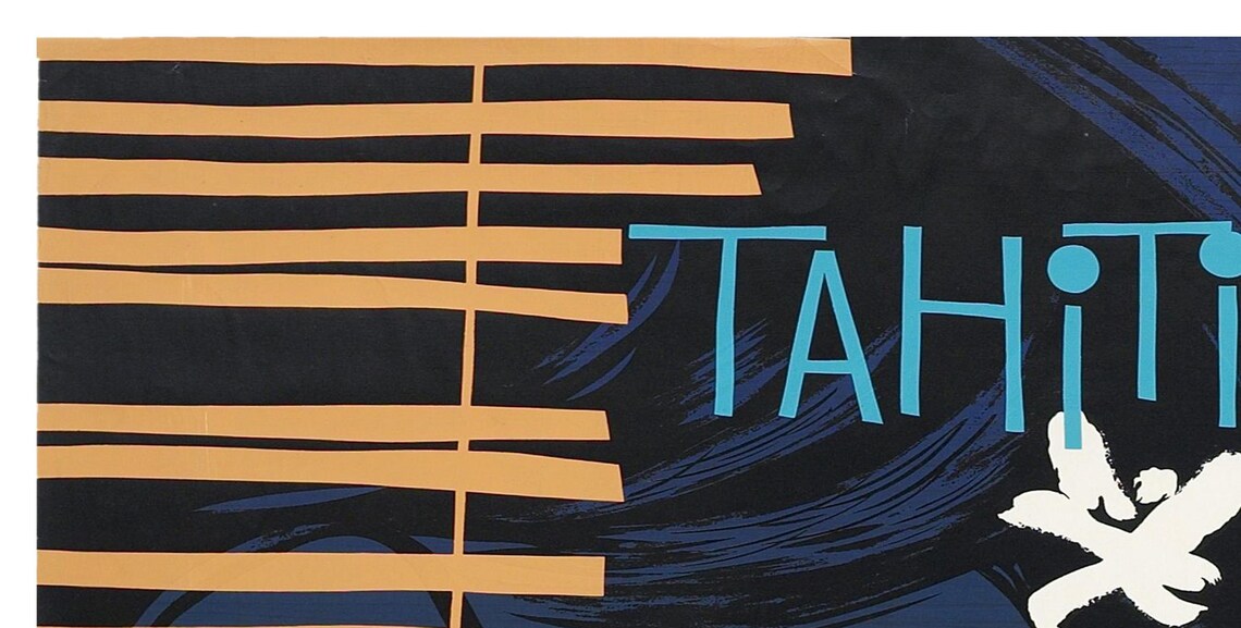 Tahiti Fly TEAL Stylized Woman Face Tiare Flower Bamboo Art Poster - Image 2