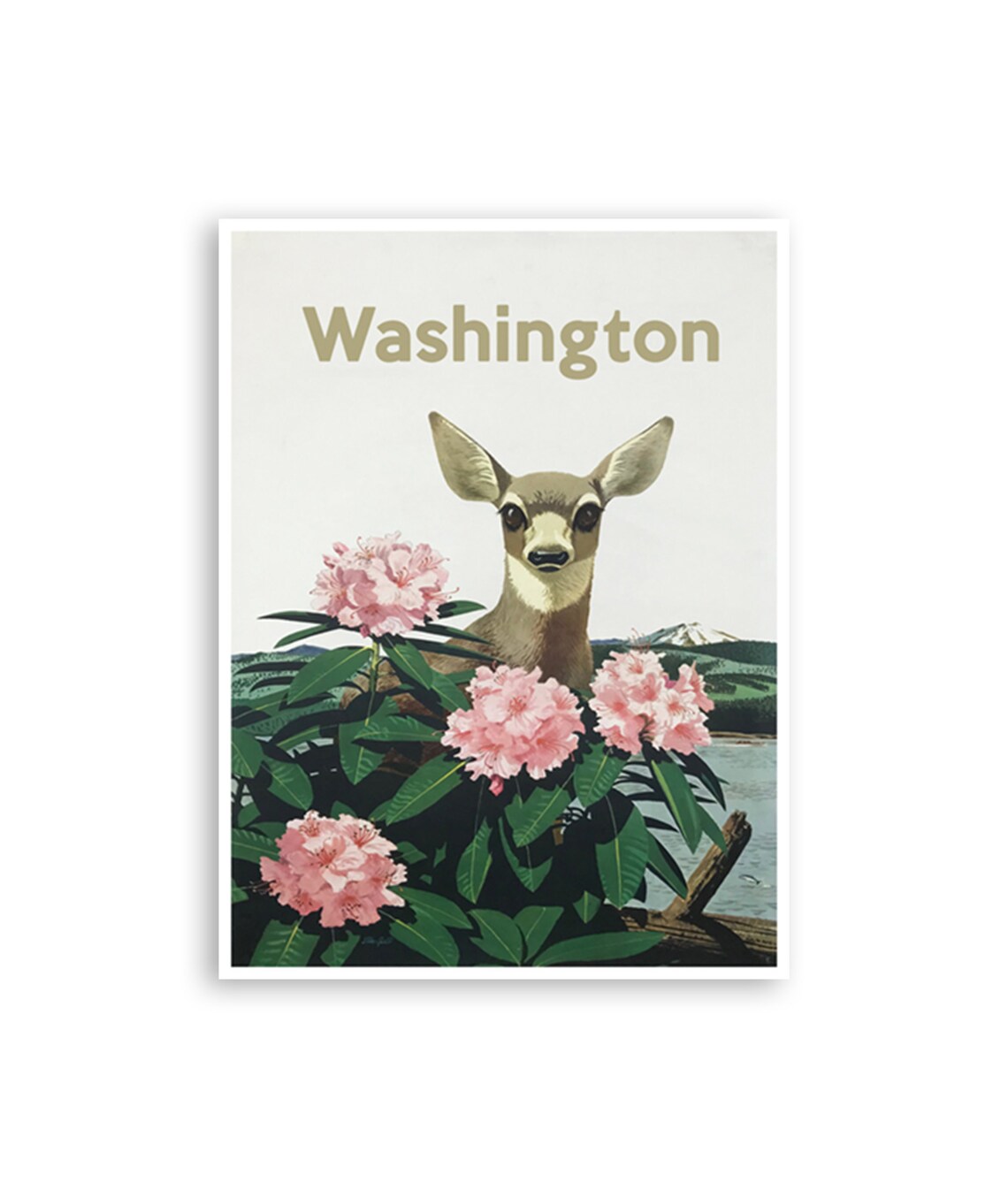 Washington State Deer Fawn Rhododendron Blooms Vintage Poster