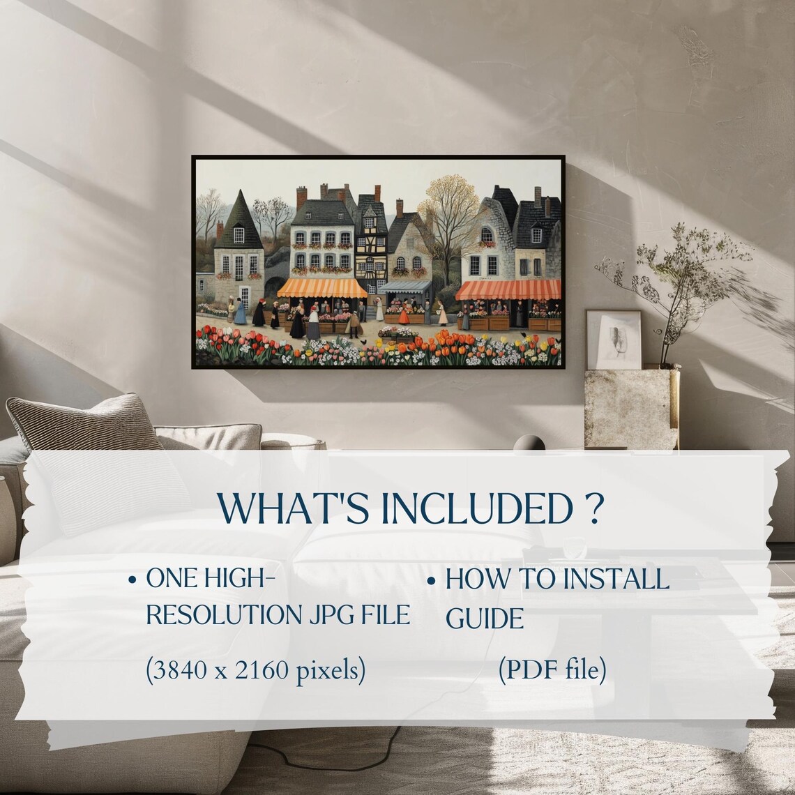 Retro Tulip Flower Market Old Town Spring Awnings Frame TV Art Poster - Image 2