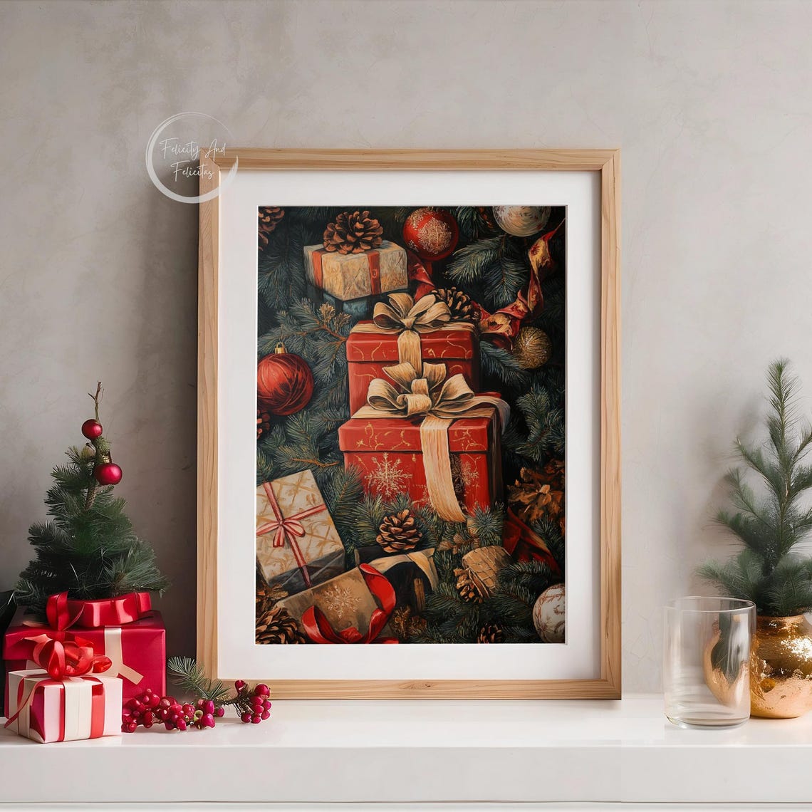 Red Christmas Gifts Gold Bows Pine Branches Ornaments Art Poster - Image 5