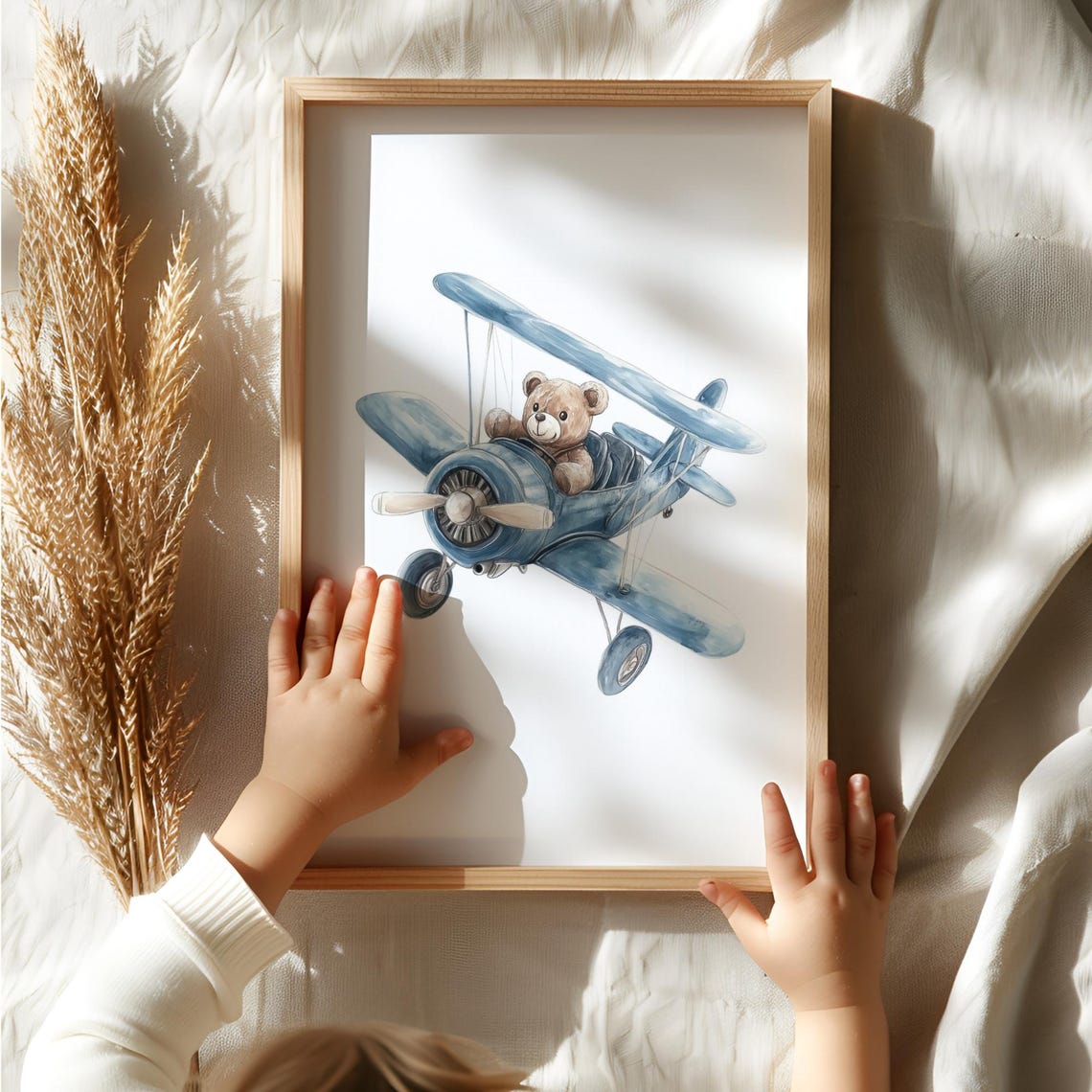 Teddy Bear Piloting Blue Biplane Watercolor Nursery Wall Art - Image 3
