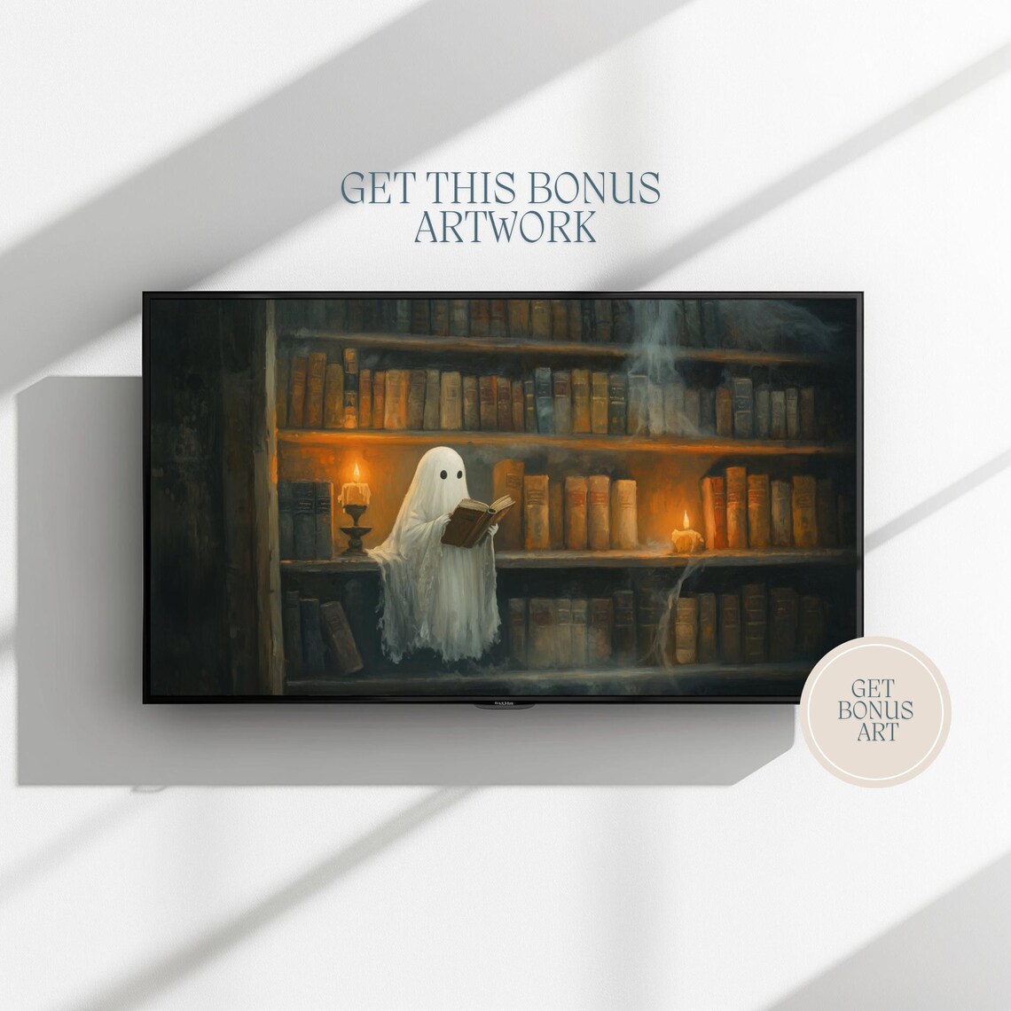 Ghost Reading Book Among Dark Autumn Flowers Moody Halloween Frame TV Art Poster - Image 3