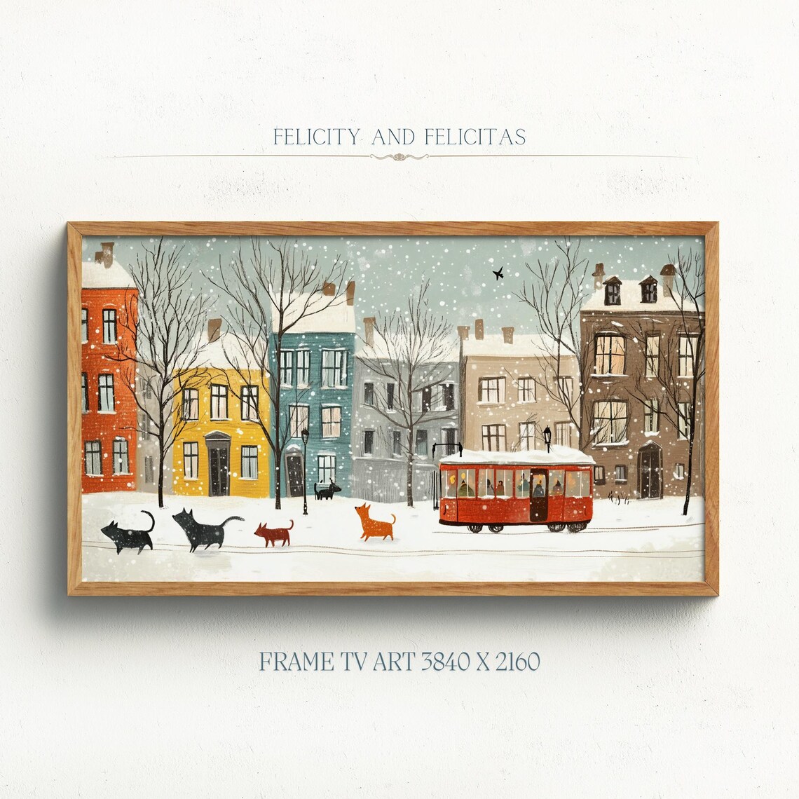Winter City Street Red Tram Snowy Cats Falling Snow Frame TV Art Poster