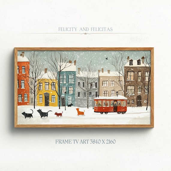 Winter City Street Red Tram Snowy Cats Falling Snow Frame TV Art Poster