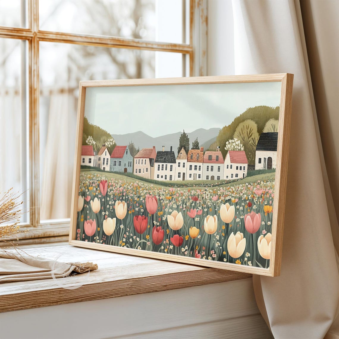 Cute Spring Wall Art Spring Village Art Spring Farmhouse Decor Tulip Spring Town Canva - Image 4