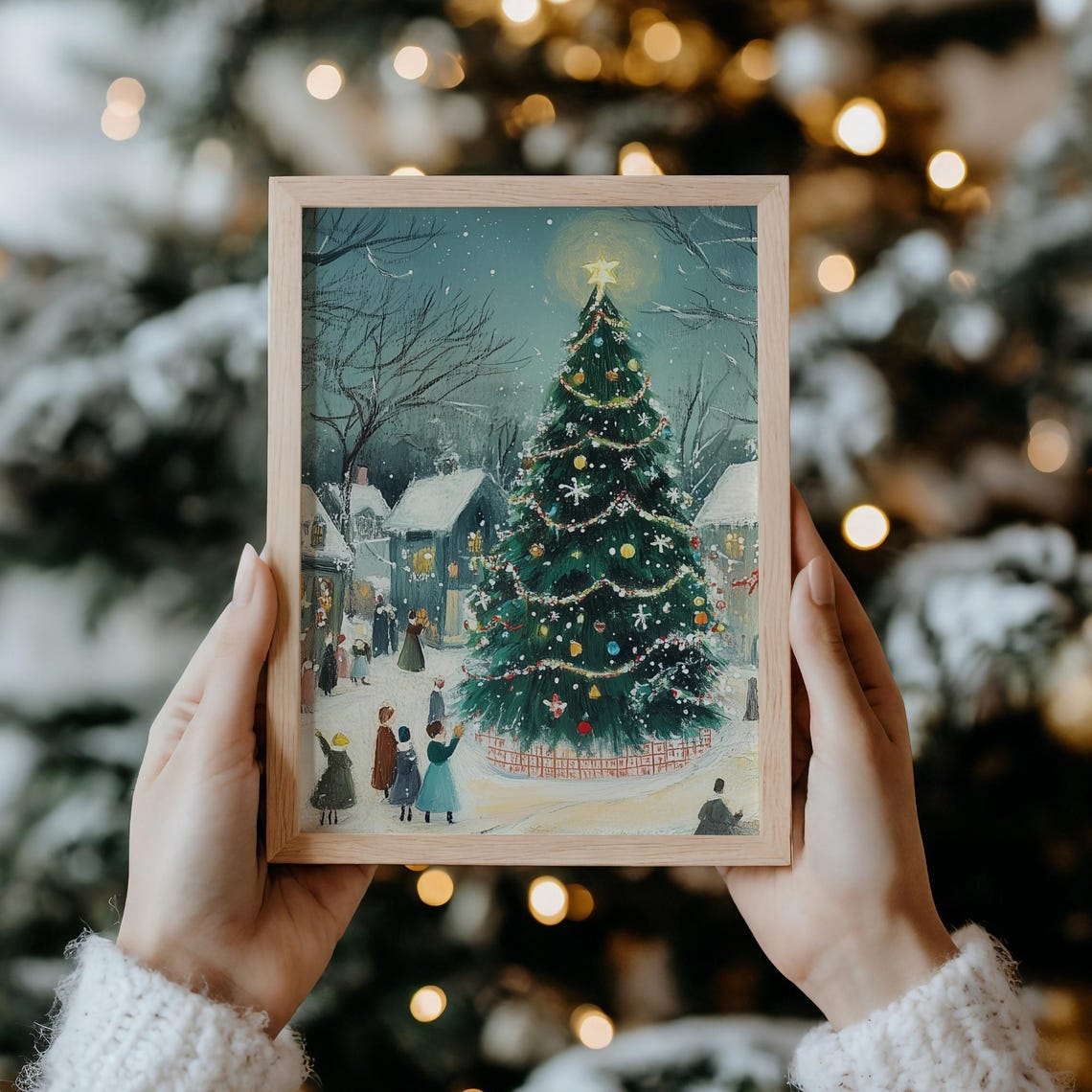 Christmas Tree Night Snowy Village Square Gathering Wall Art - Image 6