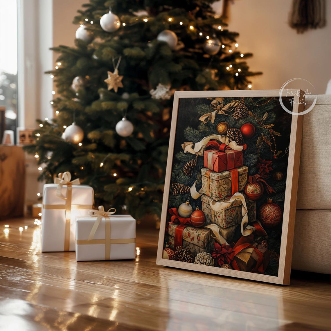 Stacked Christmas Gifts Under Tree Pinecones Vintage Style Poster - Image 4