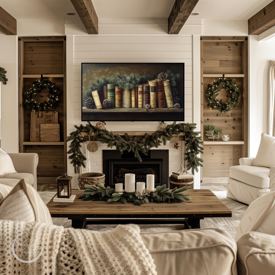 Vintage Bookshelf Old Books Pine Garland Winter Frame TV Art Poster - Image 3