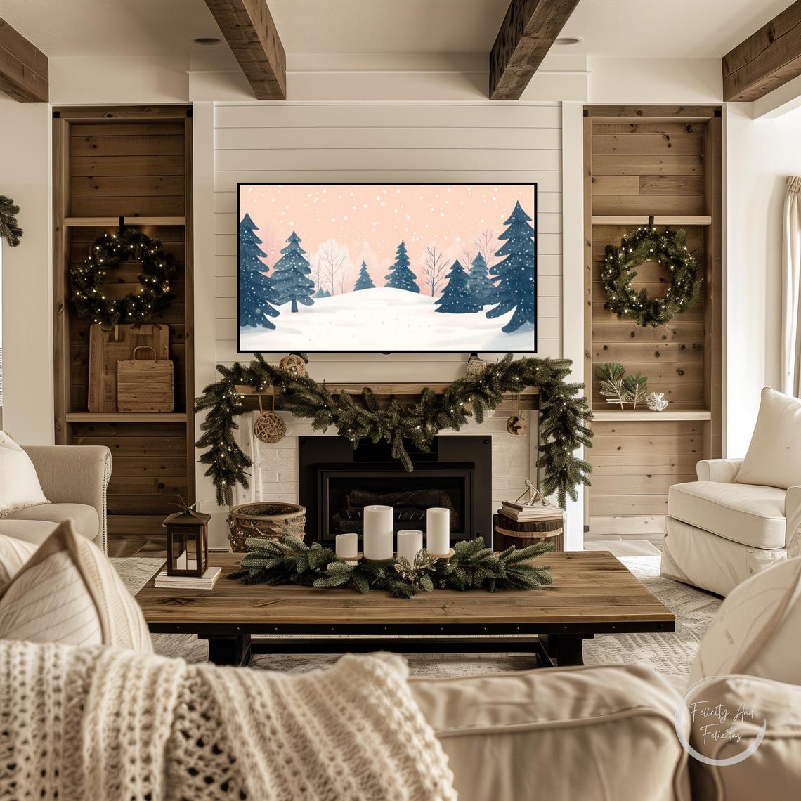 Snowy Pine Forest Peach Sky Falling Snow Christmas Poster Art - Image 3