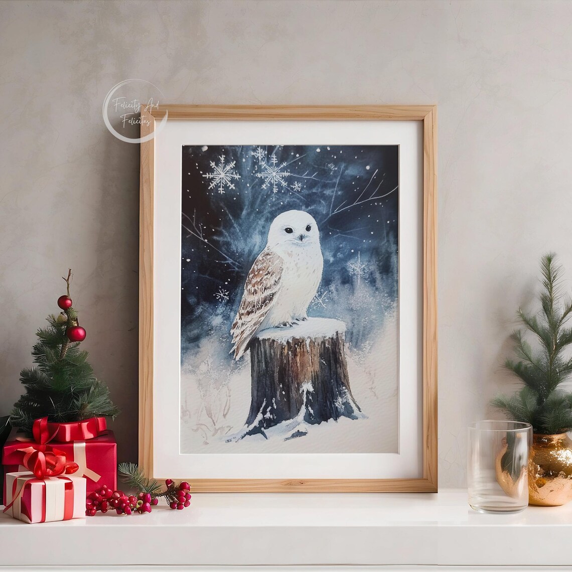 Snowy Owl Winter Night Watercolor Snowflakes Enchanting Wall Art - Image 5