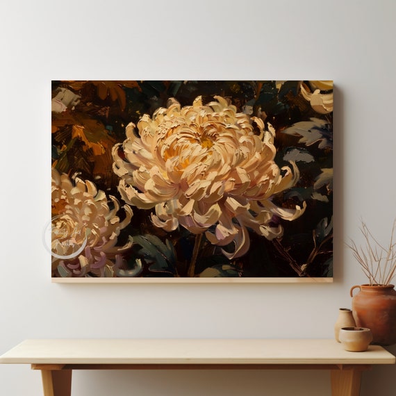 Moody Dark Floral Print Vintage Chrysanthemum Wall Art Oil On Botanical Still Life Painting