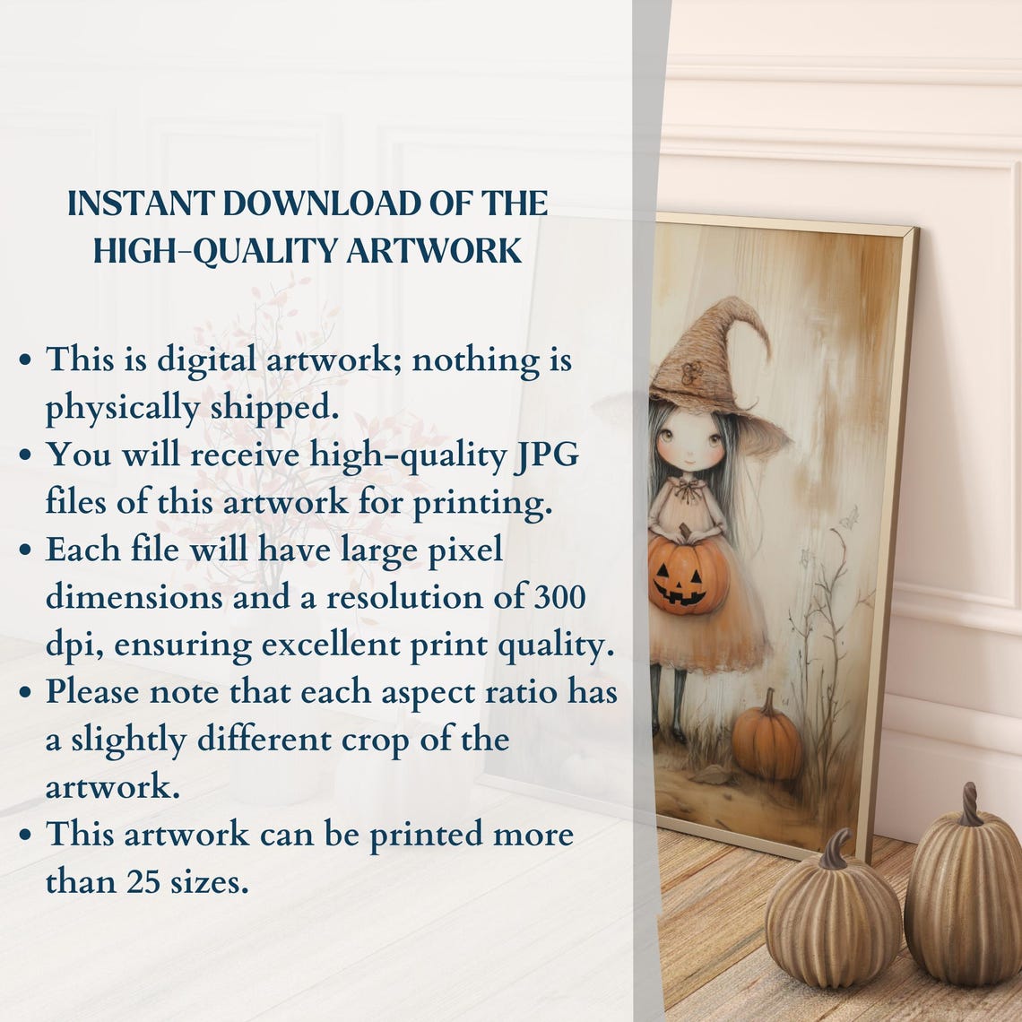 Cute Little Witch Girl Holding Pumpkin Neutral Halloween Wall Art - Image 3