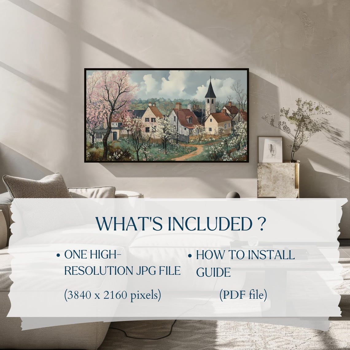 Spring Village Blooming Trees Church Spire Cottages Wall Art - Image 2