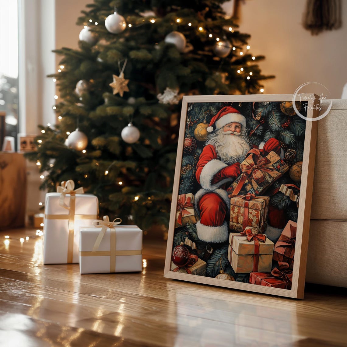 Vintage Santa Claus Gifts Evergreen Branches Holiday Portrait Poster - Image 4