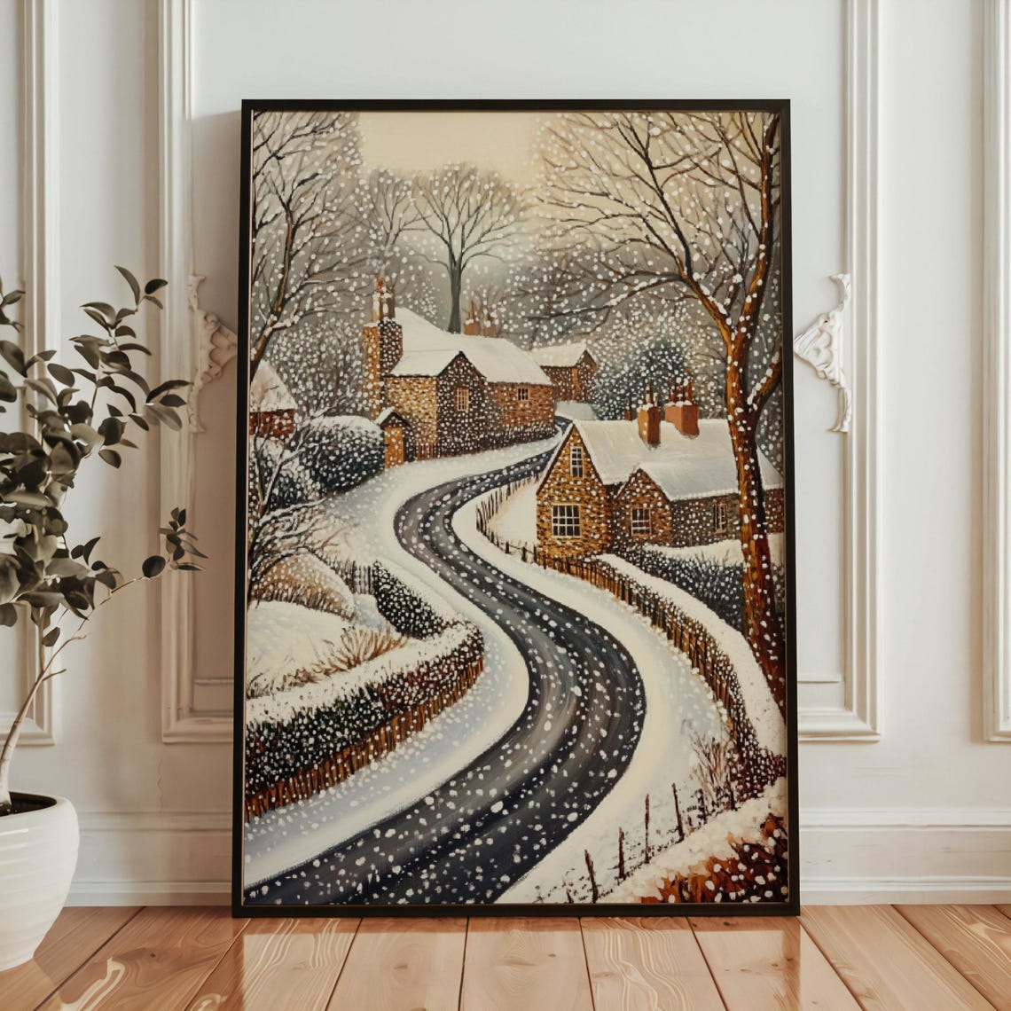 Snowy Winding Road Brick Cottages Falling Snow Winter Scene Poster - Image 5
