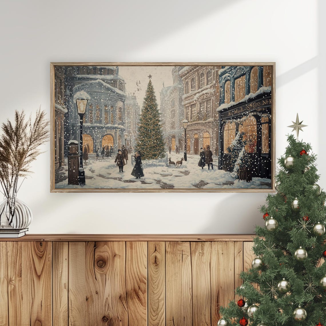 Vintage Christmas City Street Night Tall Tree Snow Scene Poster - Image 5