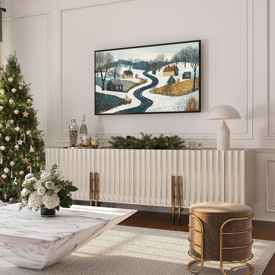 Snowy Countryside Winding Road Cottages Dot Texture Winter Poster - Image 6