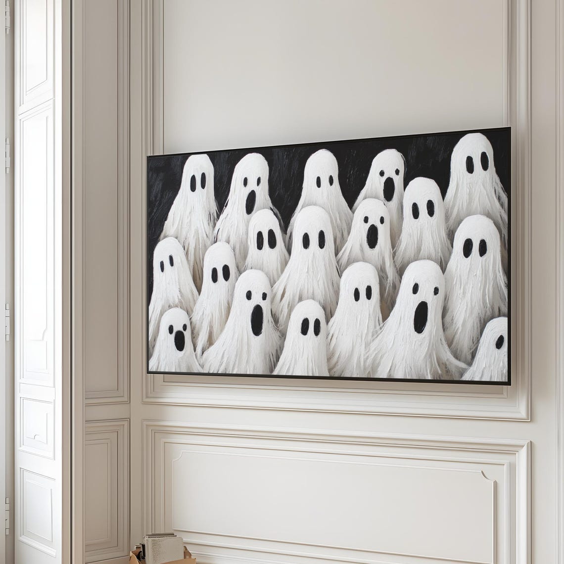 Crowd of Cute White Sheet Ghosts on Black Background Art Poster - Image 5