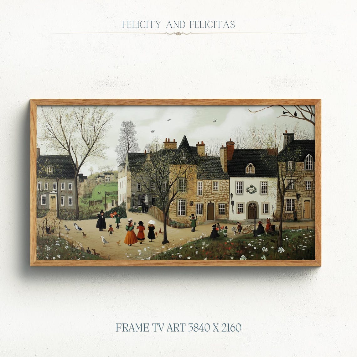 Village Street Spring Dresses Geese Flowers Vintage Wall Art