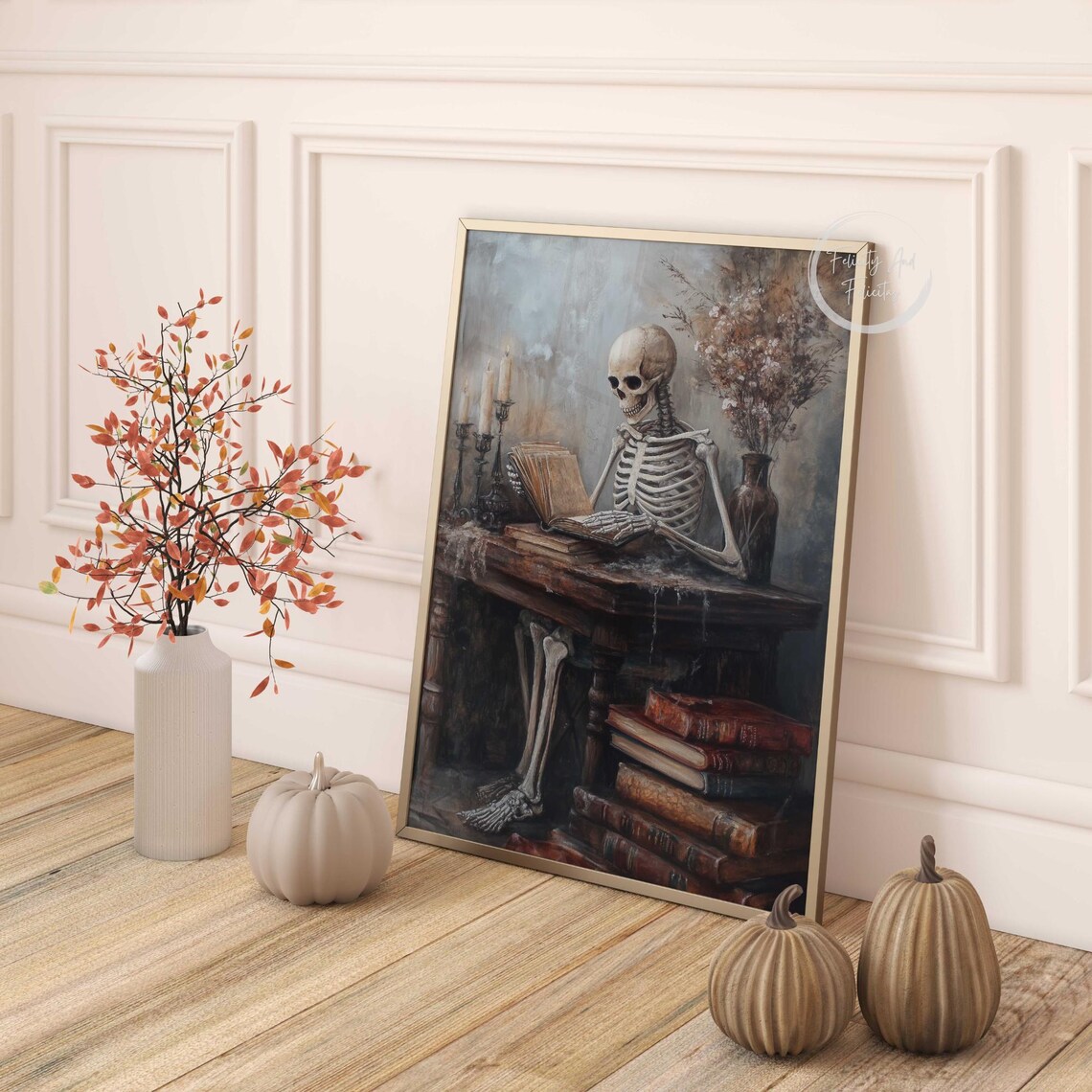 Skeleton Reading Book at Candlelit Desk Dark Academia Halloween Art Poster - Image 4