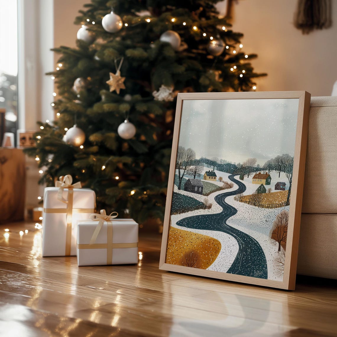Snowy Country Road Winter Village Cottages Folk Textured Wall Art - Image 6