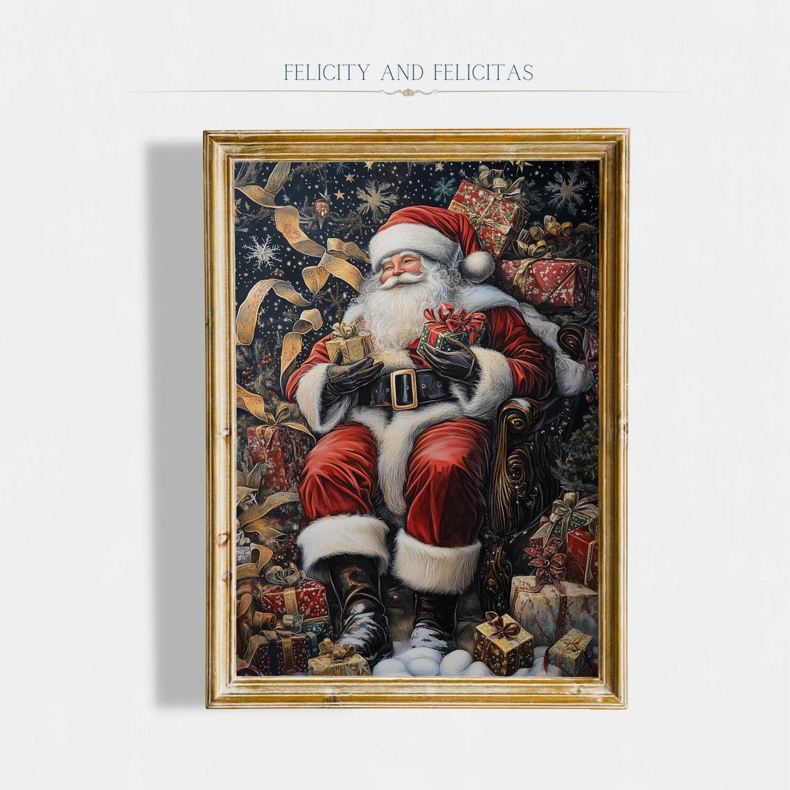 Vintage Santa Claus Holding Gifts Starry Night Christmas Wall Art
