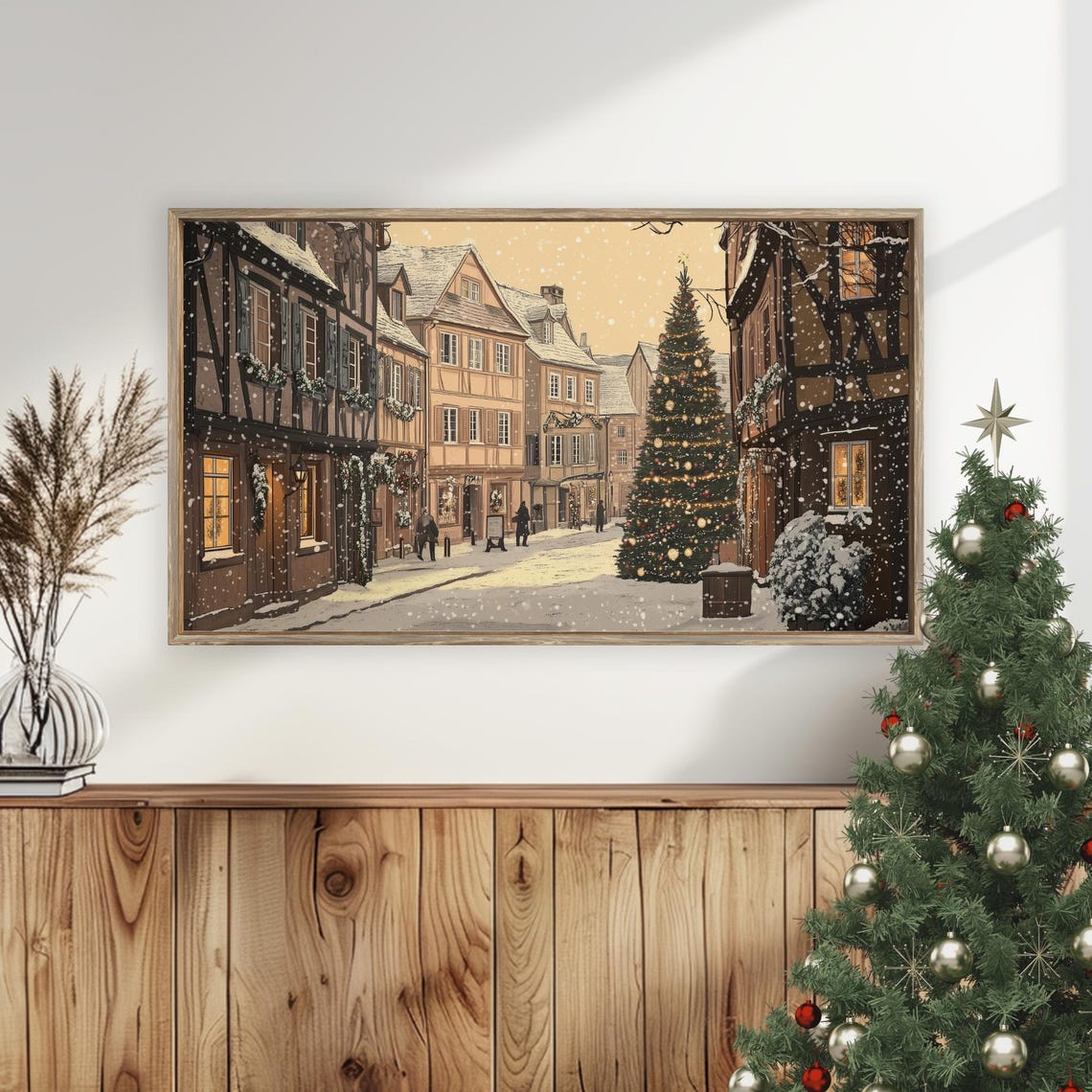 Historic European Old Town Christmas Street Tree Snow Poster - Image 5