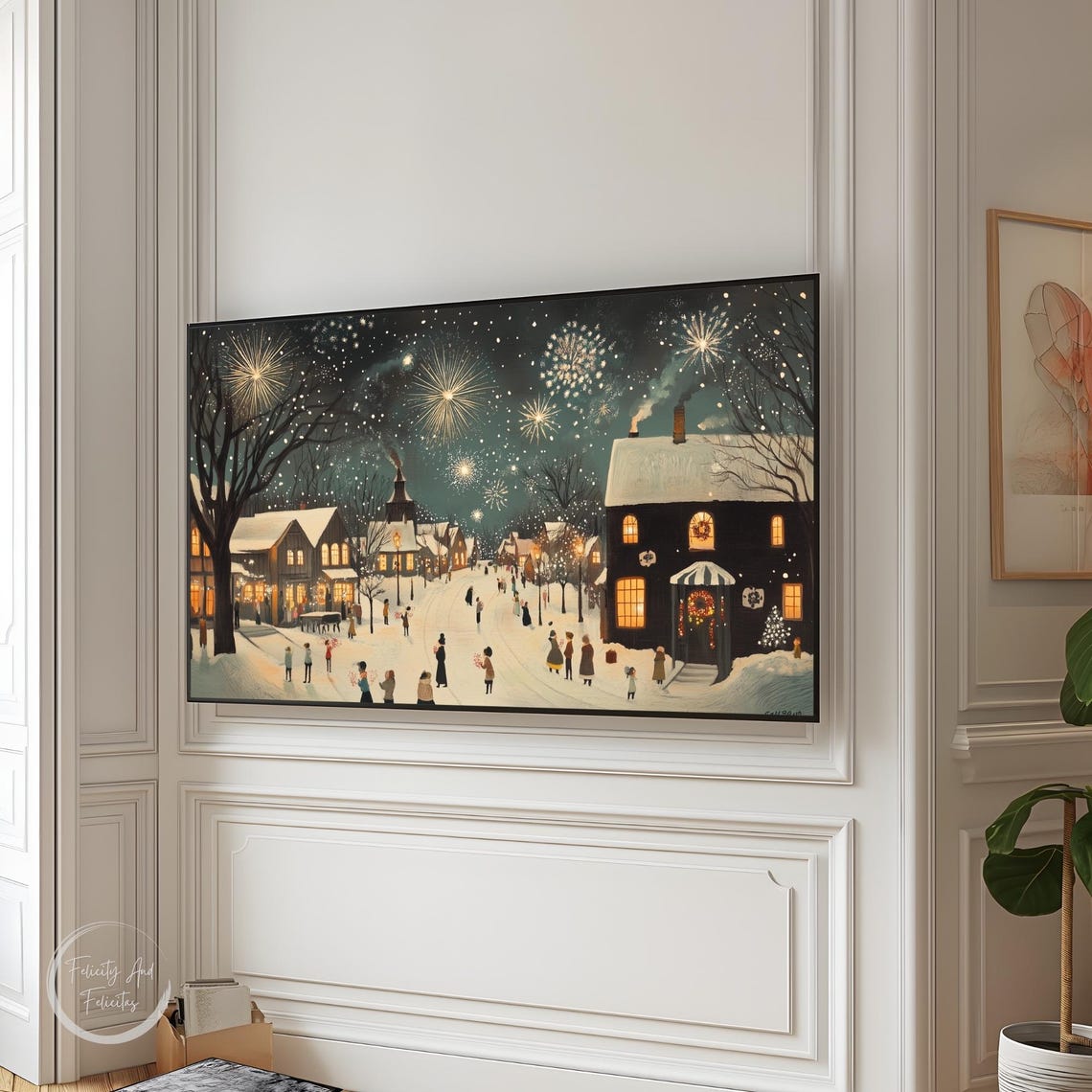 New Years Eve Fireworks Snowy Village Celebration Frame TV Art Poster - Image 3