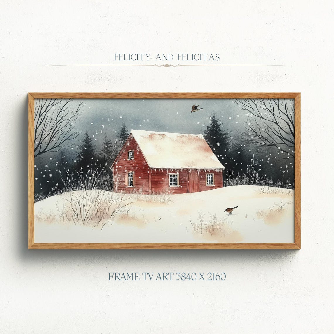 Red Barn In Winter Wonderland Watercolor Snow Birds Scene Poster