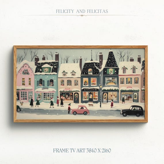 Retro Snowy Town Frame Tv Art Retro Winter Tv Art Cute Winter Tv Art Cottagecore Decor Winter Holiday Decor