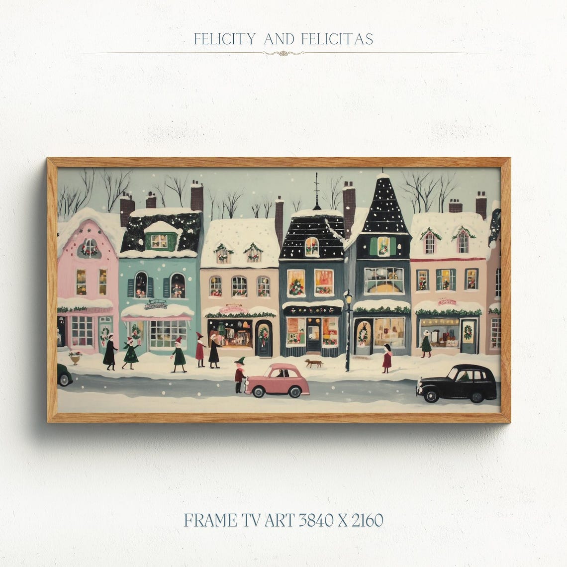 Retro Snowy Christmas Town Shops Vintage Cars Frame TV Art Poster