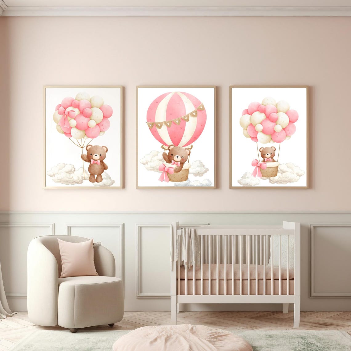 Pink Teddy Bear Hot Air Balloon Nursery Set Girl Room Wall Art - Image 4