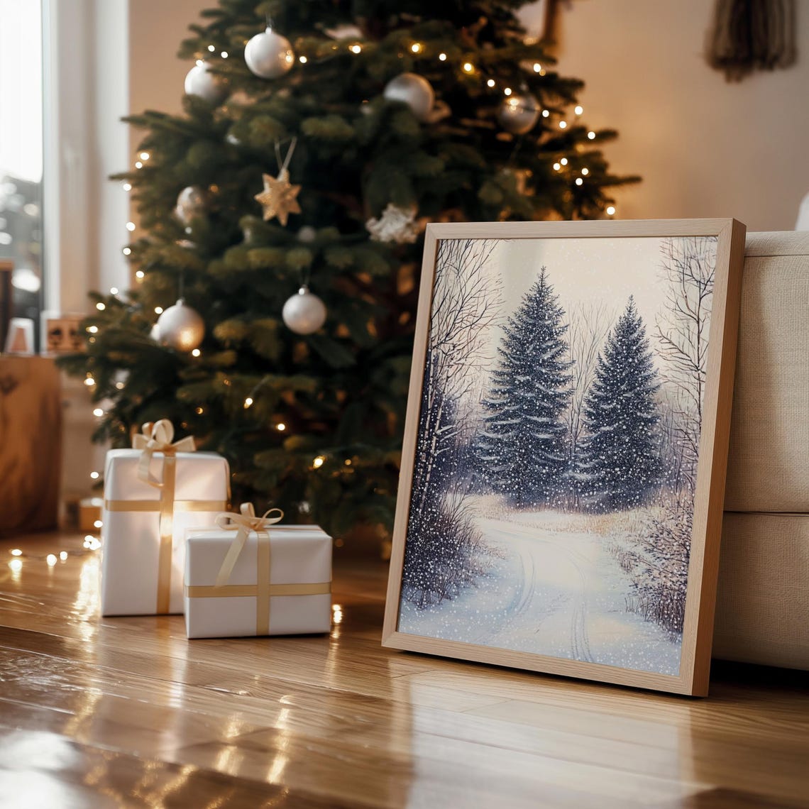 Snowy Winter Forest Path Tall Evergreens Falling Snow Scene Poster - Image 5