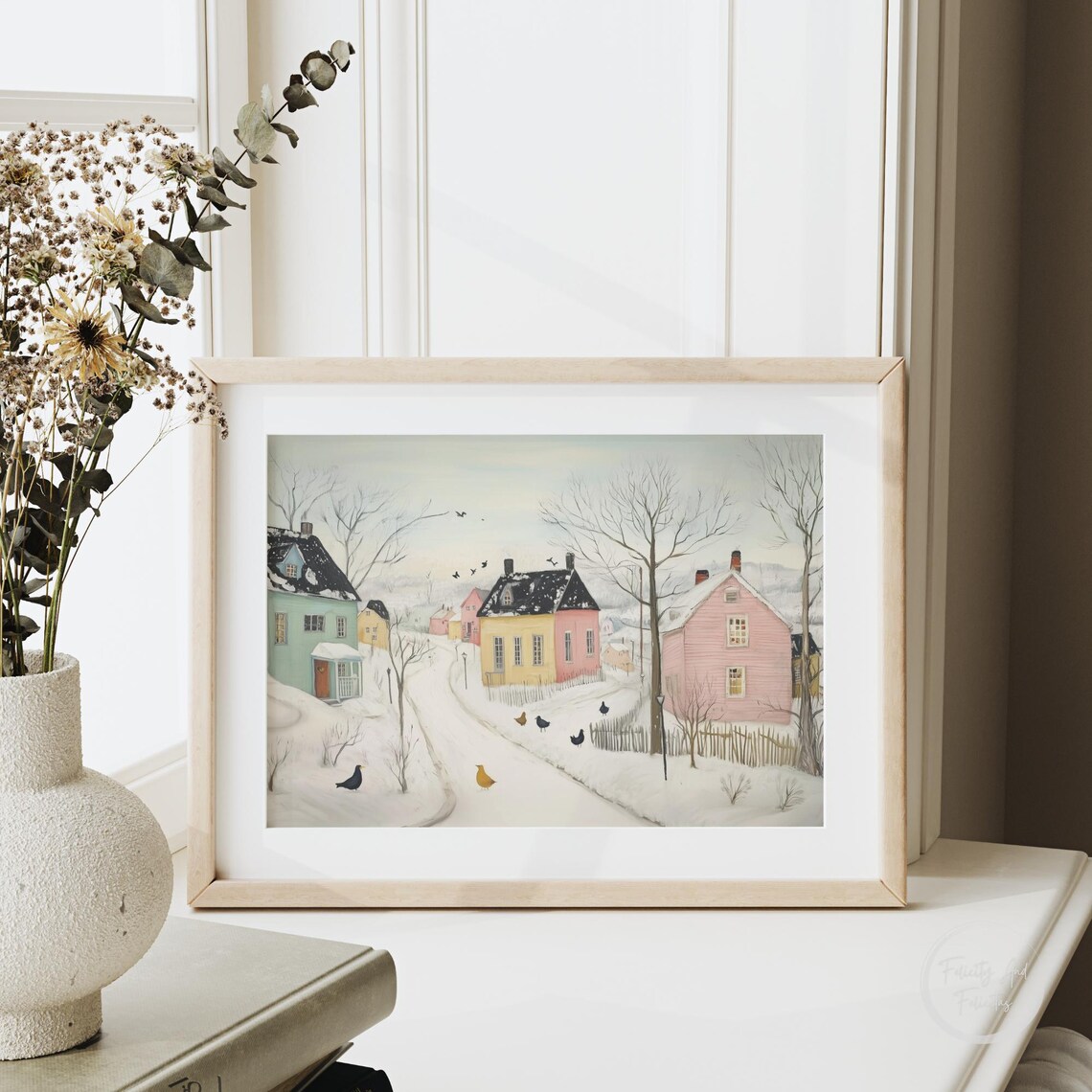 Quiet January Snowy Village Street Pastel Houses Birds Poster - Image 5
