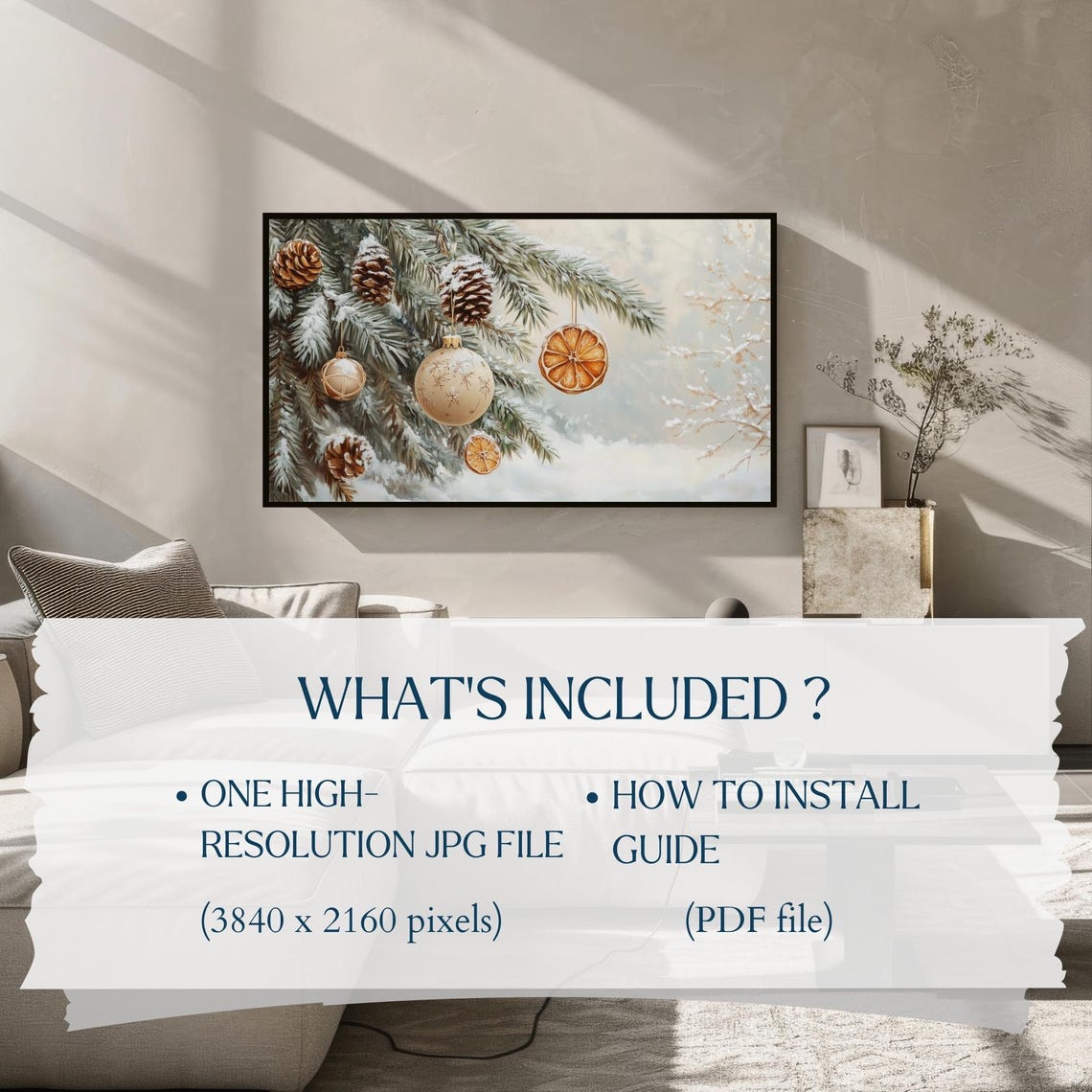 Snowy Pine Branch with Ornaments Pinecones and Orange Slices Poster - Image 2
