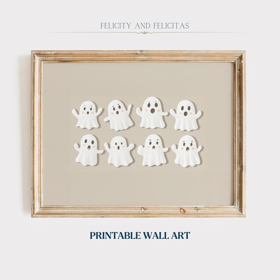 Pastel Halloween Eight Cute Ghosts Beige Minimal Sweet Wall Art
