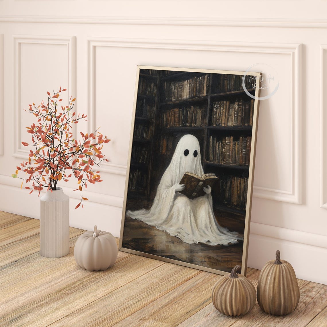 Cute Ghost Reading Book Dark Library Shelves Halloween Wall Art - Image 4
