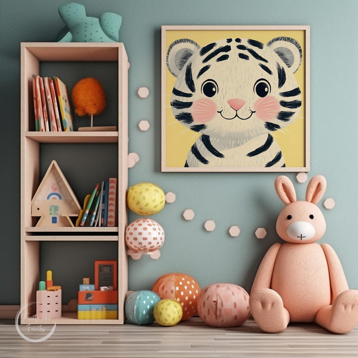 Cute White Tiger Cub Face on Yellow Cheerful Kids Room Wall Art - Image 4