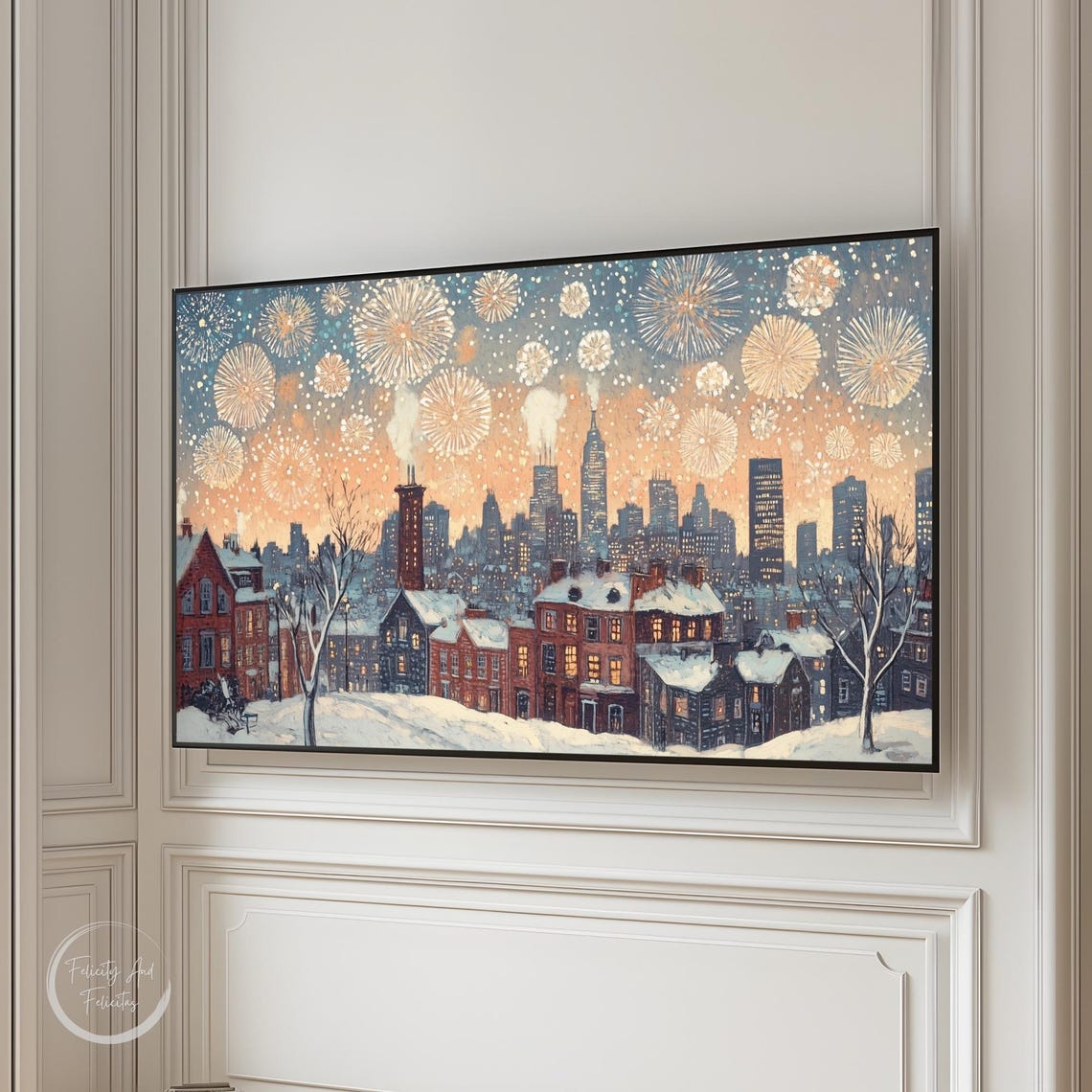 Snowy City Skyline Fireworks New Years Celebration Frame TV Poster - Image 3