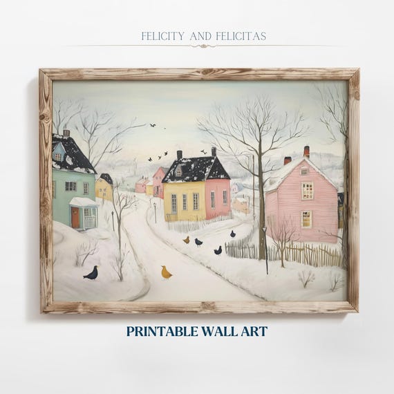 Cute Winter Wall Art Neutral Village Art Hello January Painting Happy January Prints